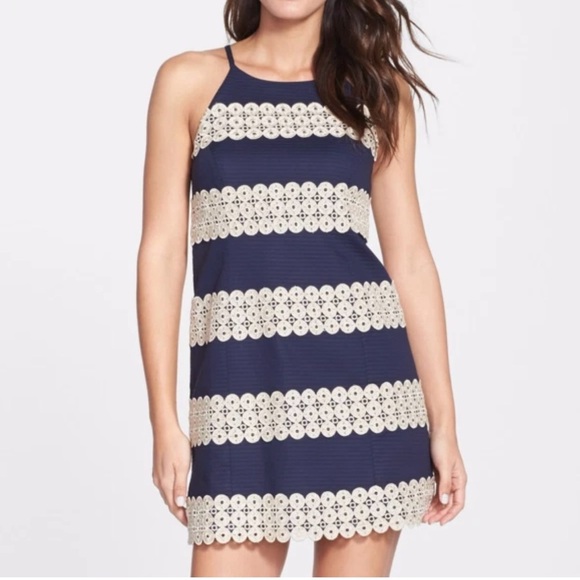 Lilly Pulitzer Annabelle True Navy Gold Lace Stripe Shift Dress Size 2 - Picture 1 of 7